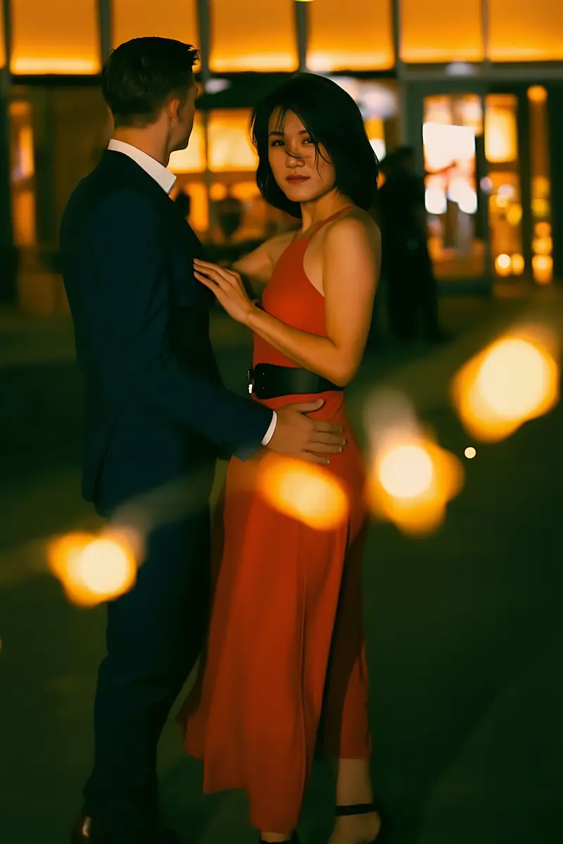 Asian couple in a private evening setting with warm lights, expressing intimacy, discretion and real connection